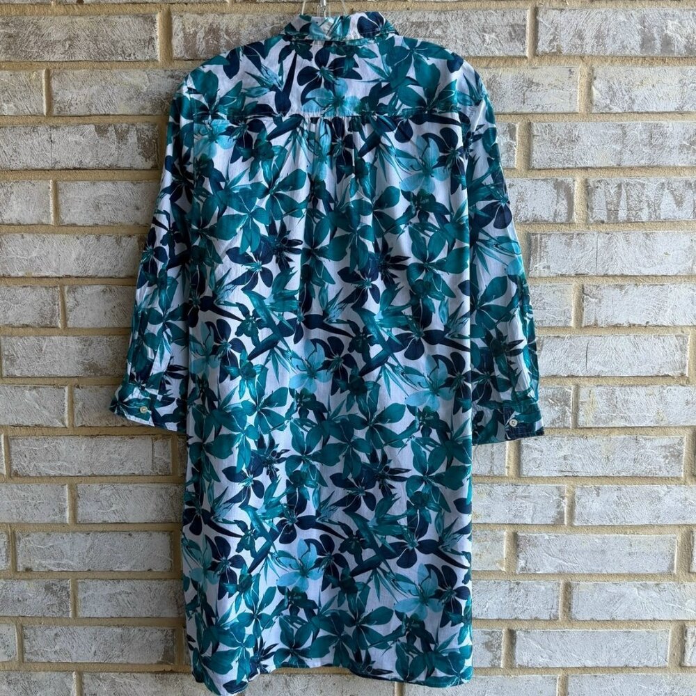 Lands' End 3/4 Sleeve Button Up Collared Tropical Floral Shirt Dress Size M - Picture 2 of 8